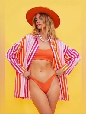 Beach Riot Alexa Orange Pink Stripe Button Down Oversized Beach Coverup Large